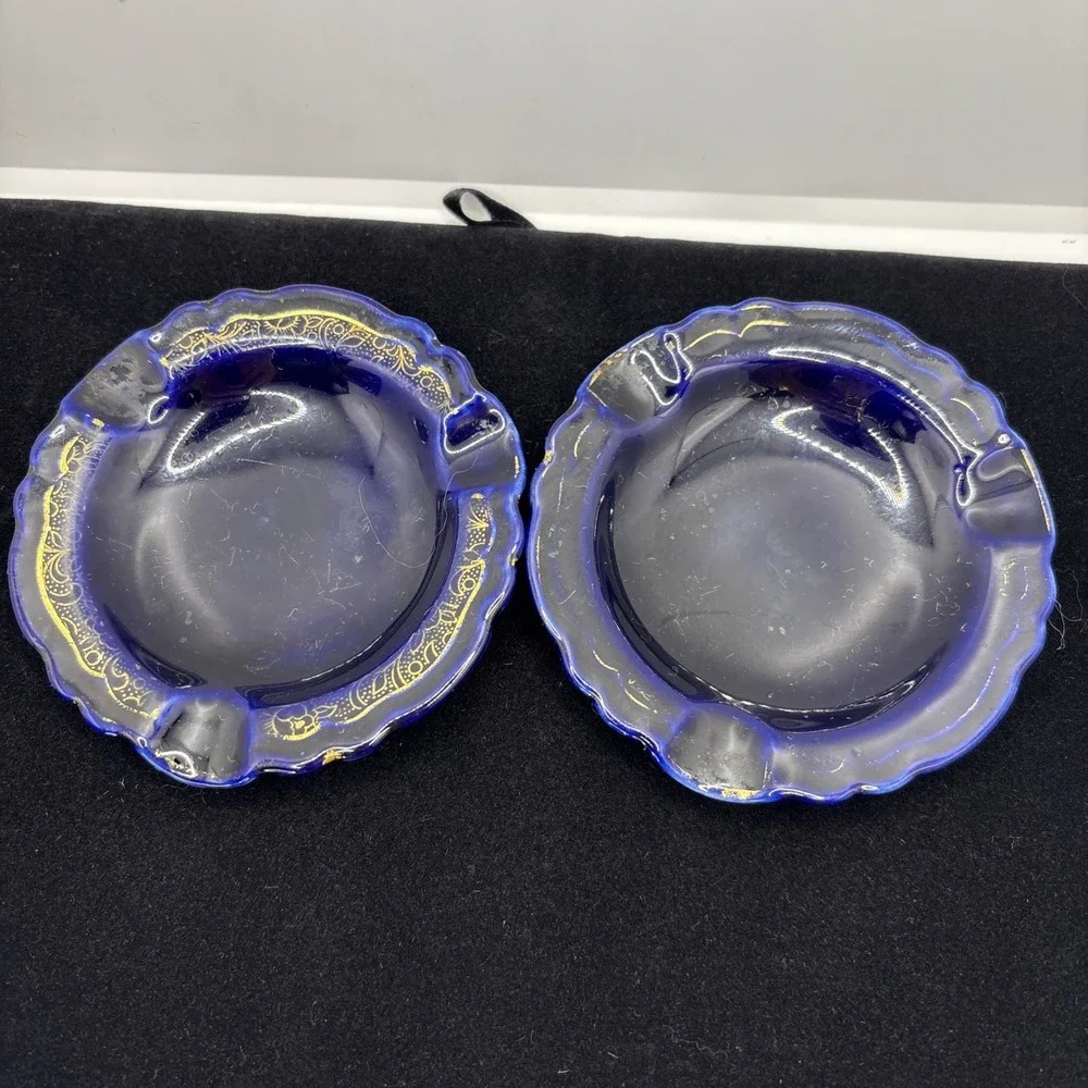 Vintage Lindner‎ Kueps Bavaria Echt Cobalt Blue Cigarette Holder & 2 Ashtrays